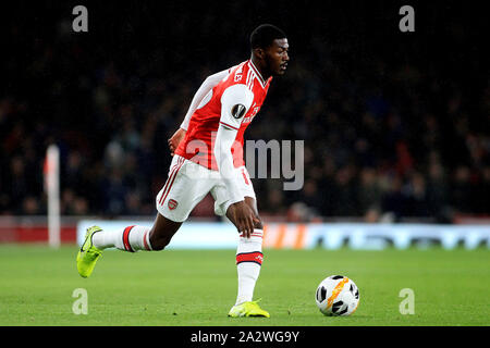 Londra, Regno Unito. 03 ott 2019. Ainsley Maitland-Niles dell'Arsenal in azione. La UEFA Europa League, gruppo F, Arsenal v Standard Liege a Emirates Stadium di Londra il giovedì 3 ottobre 2019. Questa immagine può essere utilizzata solo per scopi editoriali. Solo uso editoriale, è richiesta una licenza per uso commerciale. Nessun uso in scommesse, giochi o un singolo giocatore/club/league pubblicazioni . pic da Steffan Bowen/Andrew Orchard fotografia sportiva/Alamy Live news Credito: Andrew Orchard fotografia sportiva/Alamy Live News Foto Stock