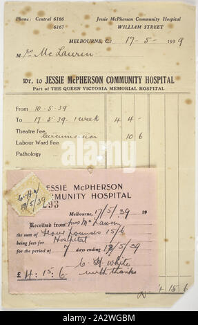 Fattura e ricevuta - Jessie McPherson Comunità Ospedale, 17 maggio 1939, fattura e ricevuta di Connie Duffell dal Jessie McPherson Comunità Ospedale, datata 17 maggio 1939. La fattura indica che Connie e Archie figlio di Roger era circonciso e rimase in ospedale per una settimana. Costanza Duffell è nata in Inghilterra nel 1910. Ella emigrarono in Australia con i suoi genitori e fratello su 'Narkunda' nel 1927 di 17 anni. Durante il viaggio di Connie era alloggiata con Foto Stock