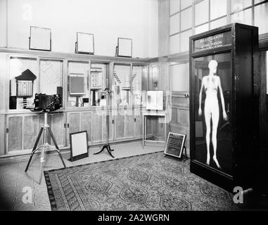 Negativo di vetro, i raggi X e imaging medico Showroom, circa 1930, in bianco e nero pieno piatto di vetro negativo dell'interno di un Kodak Australasia Pty Ltd medical department showroom, che presenta una parete mobile contenente x-ray schermi, film e altri Kodak X-ray prodotti. Una grande scatola di luce con una radiografia di " una persona vivente' viene visualizzata nel centro destra della camera, con un cartello che elenca la tecnica e i prodotti per sviluppare l'immagine. In tutta la stanza Foto Stock