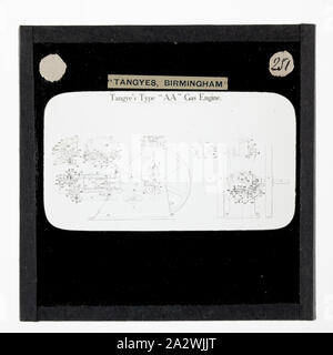 Lantern Slide - Tangyes Ltd, AA motore a gas del tipo diagramma, circa 1910, uno dei 239 glass lantern slide raffiguranti i prodotti fabbricati da Tangyes ingegneri limitato di Birmingham, Inghilterra. Le immagini includono vari prodotti come motori, pompe centrifughe, pompe idrauliche, produttori di gas, materiali testing machines, presse, macchine utensili, martinetti idraulici ecc. Tangyes era una società che operava da 1857 a 1957. Esse hanno prodotto una grande varietà di ingegneria Foto Stock