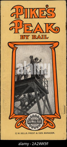 Foglio illustrativo - "Pike picco dalla ferrovia", Colorado, U.S.A., 1911, "Pike picco dalla ferrovia" è un opuscolo pubblicato dalla Manitou e luccio picco della ferrovia in Colorado, U.S.A nel 1911. Essa fornisce informazioni circa il viaggio in treno per il vertice di Pike Peak e sulla storia della costruzione del percorso ferroviario, considerata la "Railroad Ride sopra le nuvole". Questo è uno dei circa ottanta opuscoli di viaggio, mappe, orari ferroviari, cartoline e guide Foto Stock