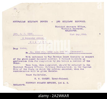 Lettera - Australian forze militari per la signora A. J. Kemp, War Service lasciare la mancia, 31 maggio 1920, Lettera del distretto ufficio contabilità della Australian forze militari terzo distretto militare alla signora Annie Josephine Kemp, vedova di guerra mondiale I soldier privato Edward Albert Kemp, che è stato ucciso in azione nel 1917. La lettera spiega che un modulo di domanda è racchiusa per il completamento di Annie dinanzi a un giudice di pace e deve essere restituito al quartiere di economo, militare Foto Stock