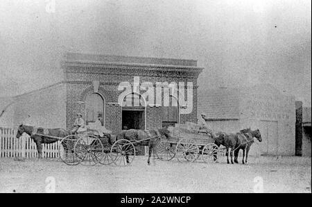 Negativo - Cavallo e veicoli al di fuori della banca di Victoria, Beaufort, Victoria, 1890-1900, a cavallo il veicoli al di fuori della banca di Victoria in Beaufort Foto Stock