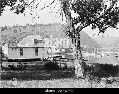 Negativo - Launceston, Tasmania, circa 1900, guardando attraverso il fiume Tamar alla Cataract Gorge. Vi è un boathouse sulla sinistra, barche ormeggiate nel fiume e il ponte del South Esk in background Foto Stock