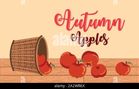 Poster in autunno con le mele nel cesto in vimini. Illustrazione Vettoriale