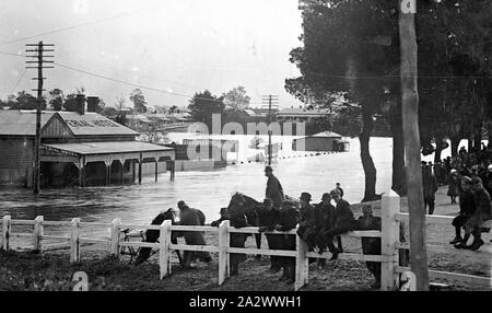 Negativo - Bairnsdale, Victoria, circa 1910, acque alluvionali del fiume Mitchell nella città di Bairnsdale. L'imperial hotel si trova sulla sinistra e un certo numero di astanti sulla destra Foto Stock