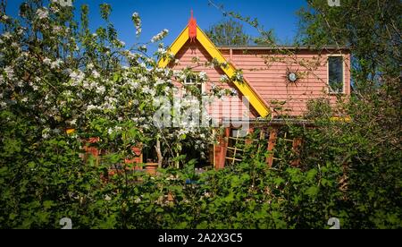 Vecchio Borgo casa in legno porta, ingresso di casa nascosto dietro gli alberi del bosco vecchio abbandonato Foto Stock