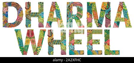 Ruota di Dharma, Dharmachakra. Simbolo di Buddha s insegnamenti sul sentiero per l'illuminazione, liberazione dalla karmico. Illustrazione Vettoriale