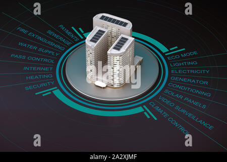 Moderne smart house con infographics. Il rendering 3D Foto Stock