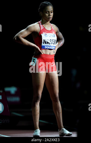 Doha in Qatar. 3° Ott, 2019. Salwa Eid Naser del Bahrain reagisce prima le donne del misuratore 400 finale al 2019 IAAF mondiale di atletica a Doha, in Qatar, Ottobre 3, 2019. Credito: Jia Yuchen/Xinhua/Alamy Live News Foto Stock