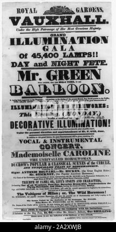 Royal Gardens, Vauxhall ... gran gala di illuminazione di lampade 45,400!! Giorno e notte fete. Il sig. Green salirà per la 283tempo nel suo palloncino; testo solo costeggiata annunciando un palloncino ascensione da Charles verde dal Royal Gardens, Vauxhall, Londra, Inghilterra, lunedì 5 settembre 1842. Il testo descrive anche i concerti e altre attività che si svolgono il giorno del festival tra cui fuochi d'artificio.; Foto Stock