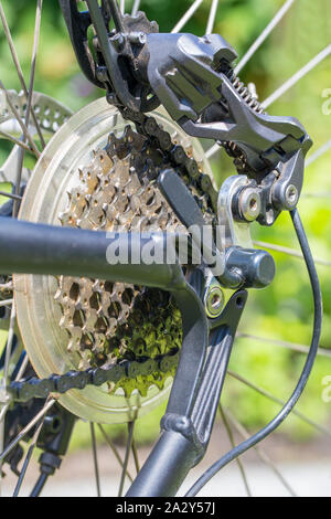 La ruota posteriore della bicicletta con la ruota dentata e catena deragliatore Foto Stock