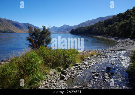 Mavora Lakes. Te Araroa Trail. Mavora passerella. Isola del Sud. Nuova Zelanda Foto Stock