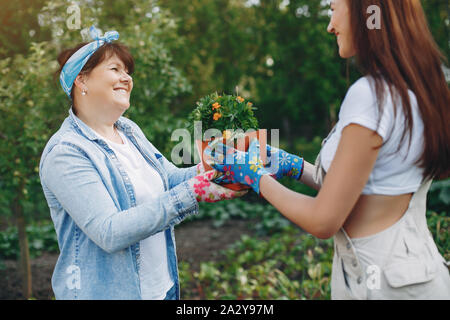 La donna lavora in un giardino. Madre e figlia adulta sono il trapianto di vasi per fiori Foto Stock