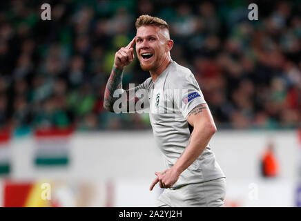 BUDAPEST, Ungheria - 3 ottobre: Rafael Forster di PFC Ludogorets 1945 celebra il suo obiettivo durante la UEFA Europa League Group Stage match tra Ferencvarosi TC e PFC Ludogorets 1945 a Ferencvaros Stadium il 3 ottobre 2019 a Budapest, Ungheria. Foto Stock