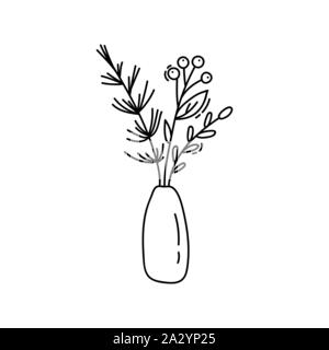 Natale monolinea bouquet vegetali in bottiglie. Decor vettore illustrazione d'inverno. Gli elementi di design per il biglietto di auguri, poster e web Illustrazione Vettoriale