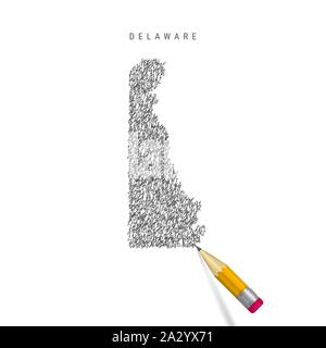 Delaware schizzo scribble mappa isolati su sfondo bianco. Disegnata a mano mappa vettoriale del Delaware. 3D realistiche Matita con gomma. Illustrazione Vettoriale