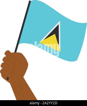 Mano azienda e innalzare la bandiera nazionale di Saint Lucia Illustrazione Vettoriale