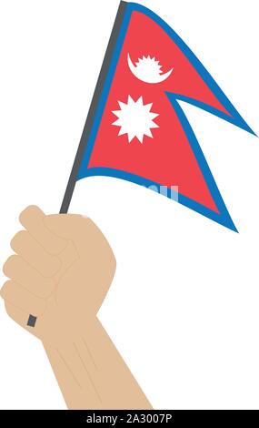 Mano azienda e innalzare la bandiera nazionale del Nepal Illustrazione Vettoriale