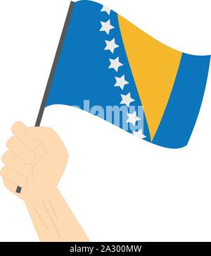 Mano azienda e innalzare la bandiera nazionale della Bosnia ed Erzegovina Illustrazione Vettoriale