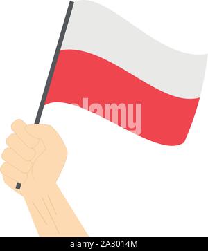 Mano azienda e innalzare la bandiera nazionale della Polonia Illustrazione Vettoriale