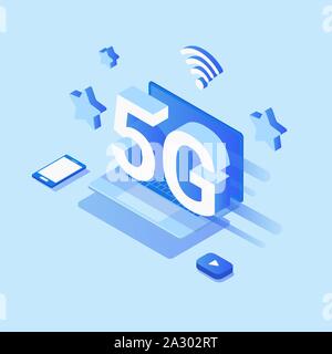 Creative 5G wireless di rete tecnologia concetto vettoriale smartphone isometrica con internet ad alta velocità. Utilizzando i dispositivi digitali Illustrazione Vettoriale