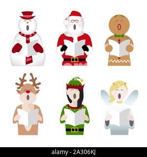 Pupazzo di neve, Babbo Natale, Gingerbread Man, renne, Elf e fiabesca personaggi a cantare i canti natalizi Illustrazione Vettoriale