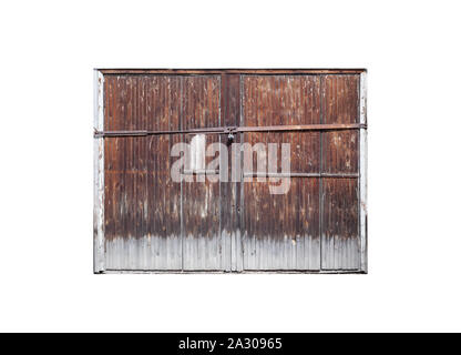 Vecchio bloccato cancello di legno isolato su sfondo bianco, foto texture, vista frontale Foto Stock