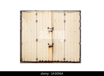 Grungy giallo metal di gate isolata su sfondo bianco, foto texture, vista frontale Foto Stock