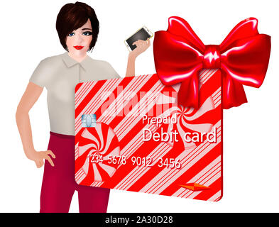 Un prepaid debit card con una vacanza candy stripe design è visto isolato su bianco. Un regalo perfetto per un adolescente la prima carta. Foto Stock