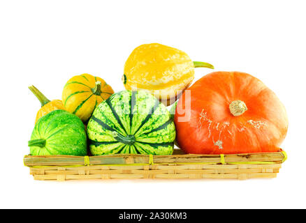 Varietà di zucche in un cestello isolato su bianco Foto Stock