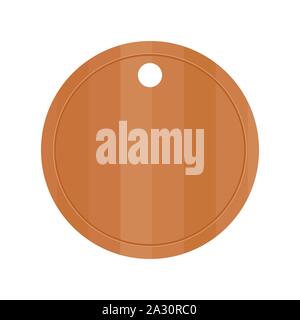 Svuotare legno tondo tagliere. Cucina in legno di bordo su sfondo bianco. Tagliere. Attrezzatura da cucina, posate, stoviglie. Concetto di cucina a vista. Illustrazione Vettoriale