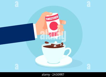 Vettore di una mano con scatola dolcificante compresse aggiunta alla tazza di caffè o di tè Illustrazione Vettoriale