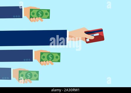 Vettore di persone mani di effettuare il pagamento in contanti e il metodo più popolare con carta di credito. Illustrazione Vettoriale