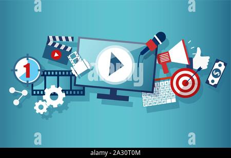 Video marketing social media e pubblicità concetto modello con monitor scheda battaglio megafono dollar banconota calendario elementi a bersaglio Illustrazione Vettoriale