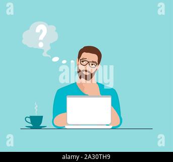 Vettore di una premurosa giovane uomo che lavora sul computer portatile al posto di lavoro avente alcune domande Illustrazione Vettoriale