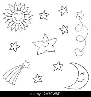 Set di sei piccole stelle, una grande stella, sole, luna, rising star e star con un cuore. Monocromatico doodle sketch, disegno a mano. Contorno nero su sfondo bianco. Illustrazione Vettoriale Illustrazione Vettoriale