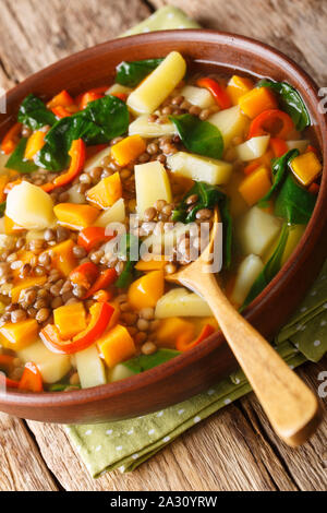 Vegetali zuppa vegetariana con le lenticchie e spinaci close-up in una ciotola sul piano verticale. Foto Stock