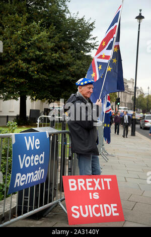 La piazza del Parlamento, Londra 3 ottobre 2019. Anti Brexit protesta da parte di Remainers. Targhetta Brexit dicendo è suicidio Foto Stock