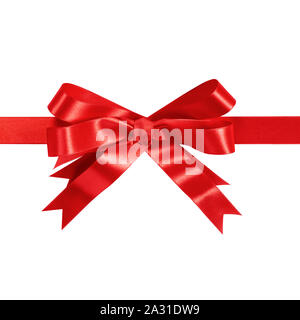 Regalo rossa prua a nastro orizzontale rettilineo isolato su bianco. Foto Stock