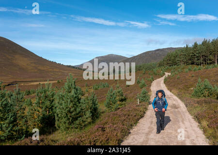 The Glen Lui e Glen Derry rotta nel Parco Nazionale di Cairngorms che vi porta fino a Ben Macdui la montagna più alta del parco. Foto Stock