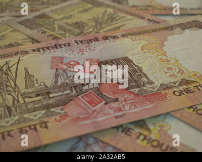 INR. La valuta indiana. Il denaro di India background aziendale. Rupie indiane closeup photo, offuscata indietro. Foto Stock