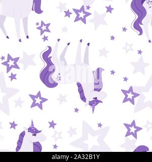 Modello senza giunture di magia mitico animale da fiaba pink unicorn cartoon animale piatto design illustrazione vettoriale su sfondo bianco. Illustrazione Vettoriale