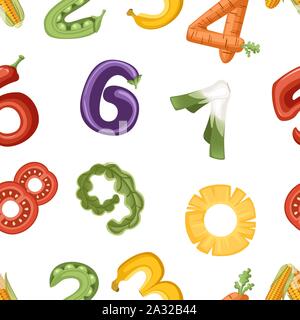 Modello senza giunture di numeri in vegetali e frutta cibo stile cartoon piatto design illustrazione vettoriale su sfondo bianco. Illustrazione Vettoriale