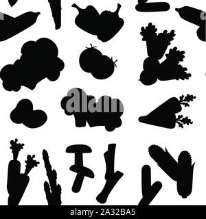 Silhouette nera modello senza giunture di fresche verdure crude piatta illustrazione vettoriale su sfondo bianco. Illustrazione Vettoriale