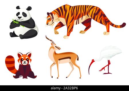 Set di diversi animali cartoon piatto design illustrazione vettoriale isolati su sfondo bianco carino animale selvatico. Illustrazione Vettoriale