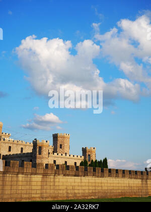 Un lungo muro di merlatura nella parte anteriore di uno stile medievale castello di pietra fornisce protezione alla parte principale del castello, noto come il tenere. Foto Stock