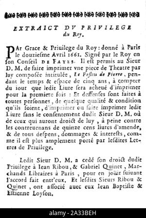 Extrait du privilège du festin de Pierre de Dorimond, Ribou 1665. Foto Stock