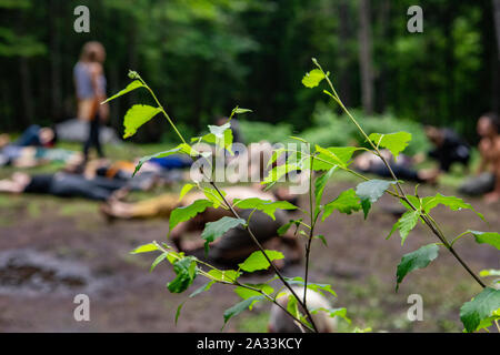 Sfocata si vedono persone vivendo sciamanica e culture indigene durante un ritiro spirituale alla natura, alla ricerca di calma e di illuminazione con copy-spazio. Foto Stock