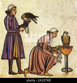 Libro di falconeria di Federico II 1240s dettaglio Falconieri. Foto Stock